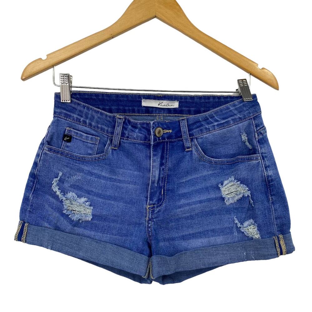 KanCan Denim Jean Shorts Mid Rise Cuffed Stretchy Distressed Blue Womens 27
